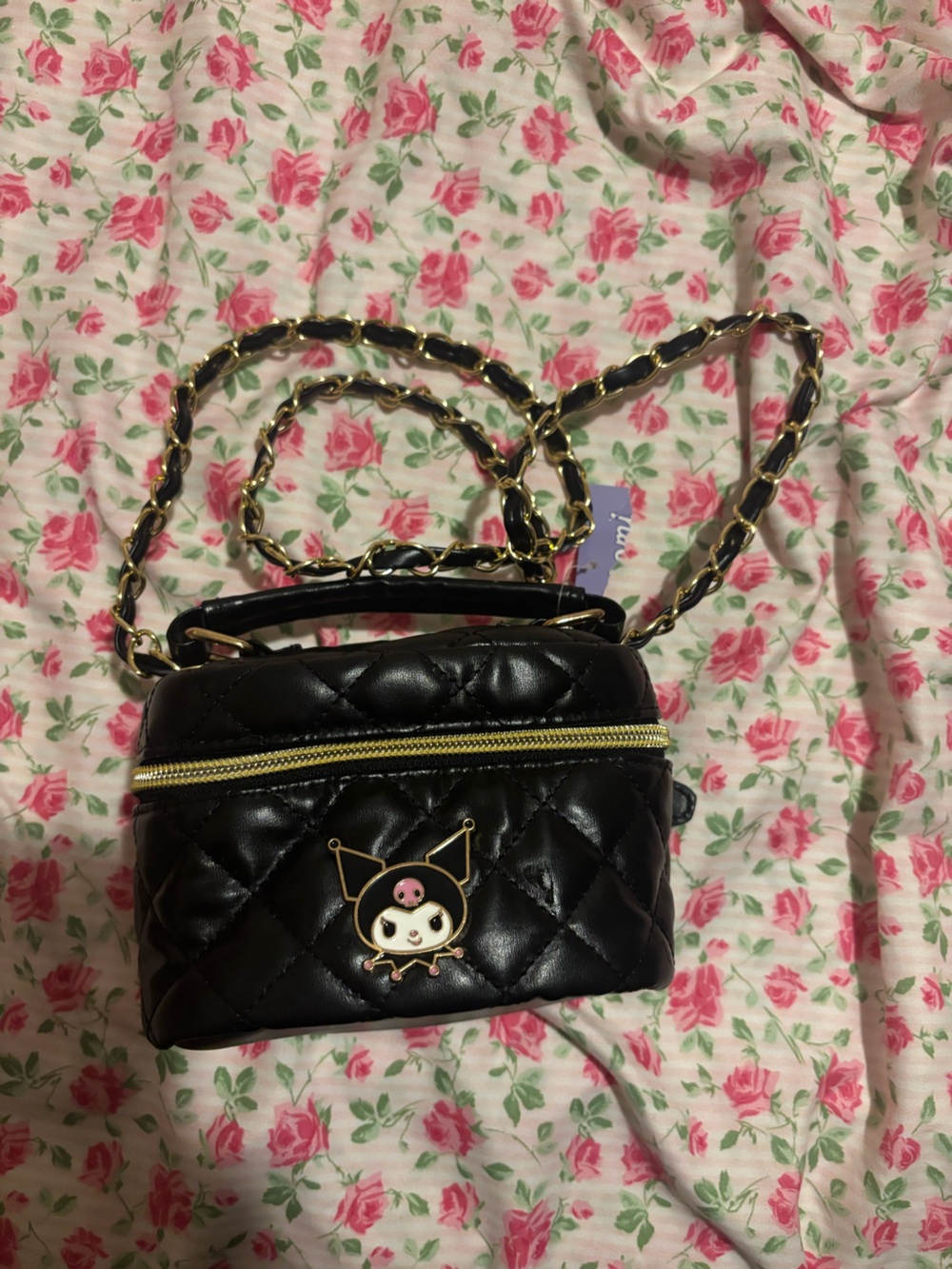 Hello Kitty Black Quilted Crossbody Bag with Gold Chain